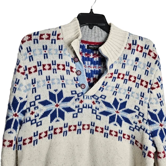 Nautica Men's Wool Blend 1/4 Button Fair Isle Snowflake Sweater Size XL - Picture 3 of 14